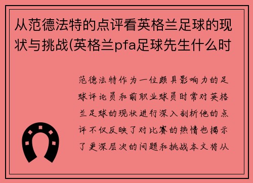 从范德法特的点评看英格兰足球的现状与挑战(英格兰pfa足球先生什么时候评选)