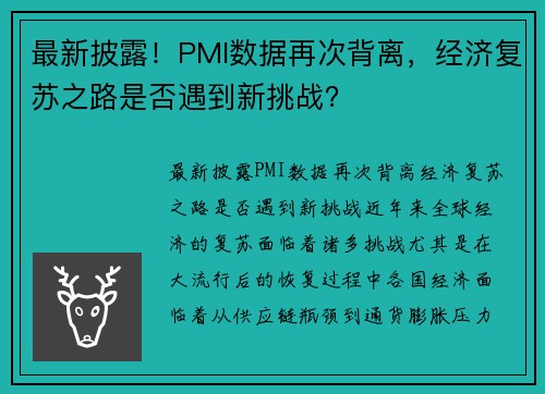 最新披露！PMI数据再次背离，经济复苏之路是否遇到新挑战？
