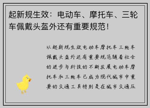 起新规生效：电动车、摩托车、三轮车佩戴头盔外还有重要规范！