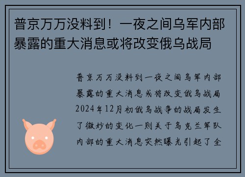 普京万万没料到！一夜之间乌军内部暴露的重大消息或将改变俄乌战局