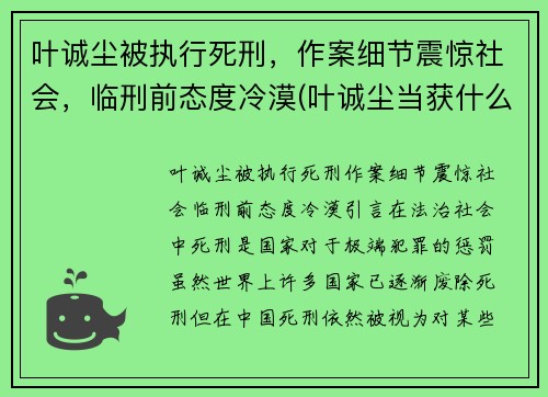 叶诚尘被执行死刑，作案细节震惊社会，临刑前态度冷漠(叶诚尘当获什么刑)
