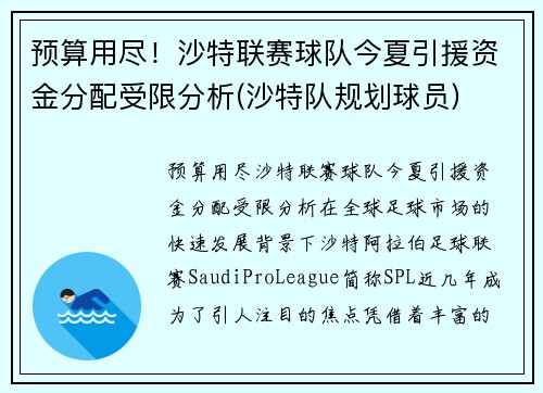 预算用尽！沙特联赛球队今夏引援资金分配受限分析(沙特队规划球员)